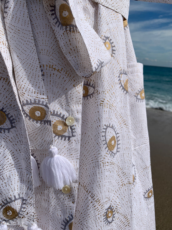 Half Sleeve Kimono with Tassels | Evil Eye White Gold | Small