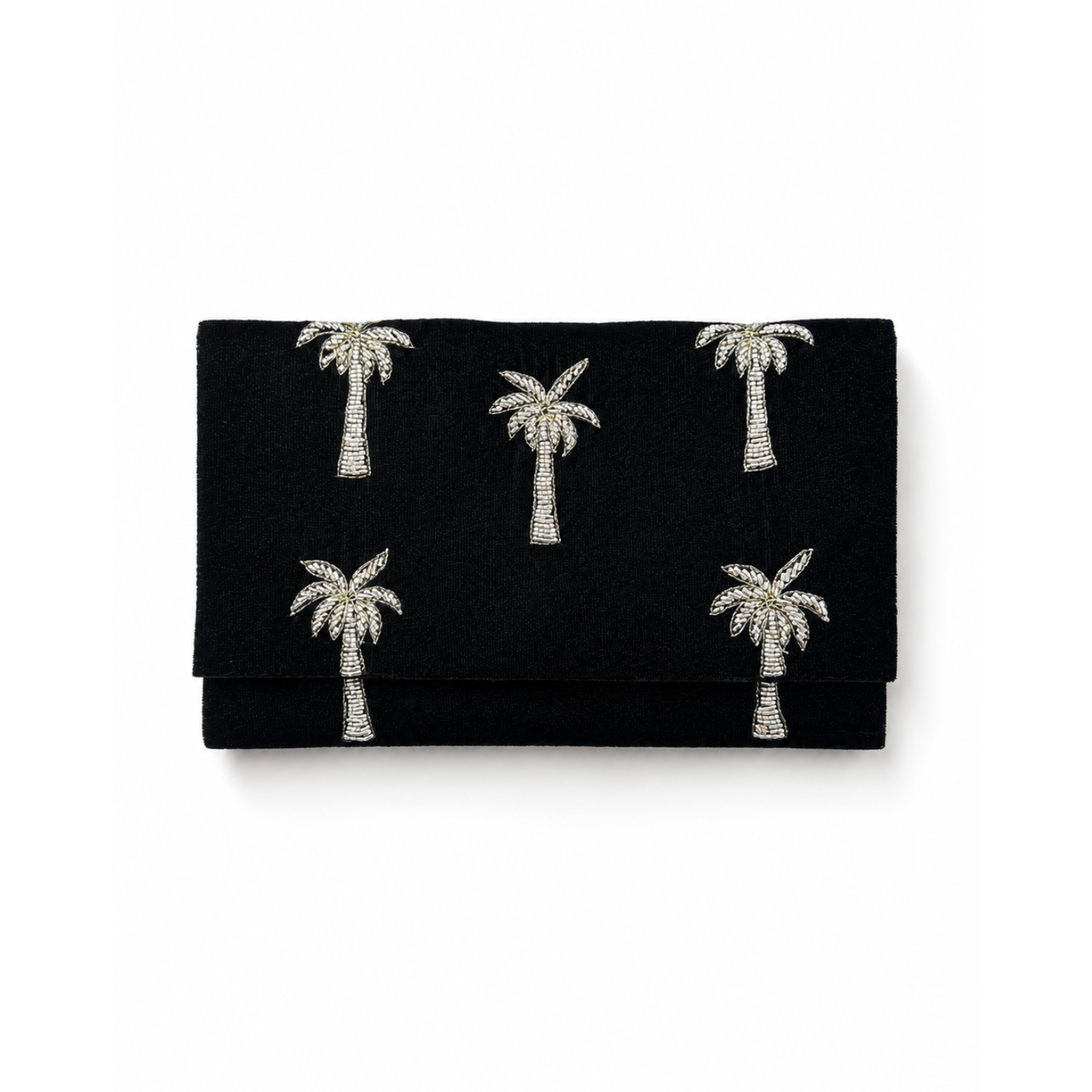 Velvet Mini Clutch Bag With Beaded Palm Trees Deep Forest