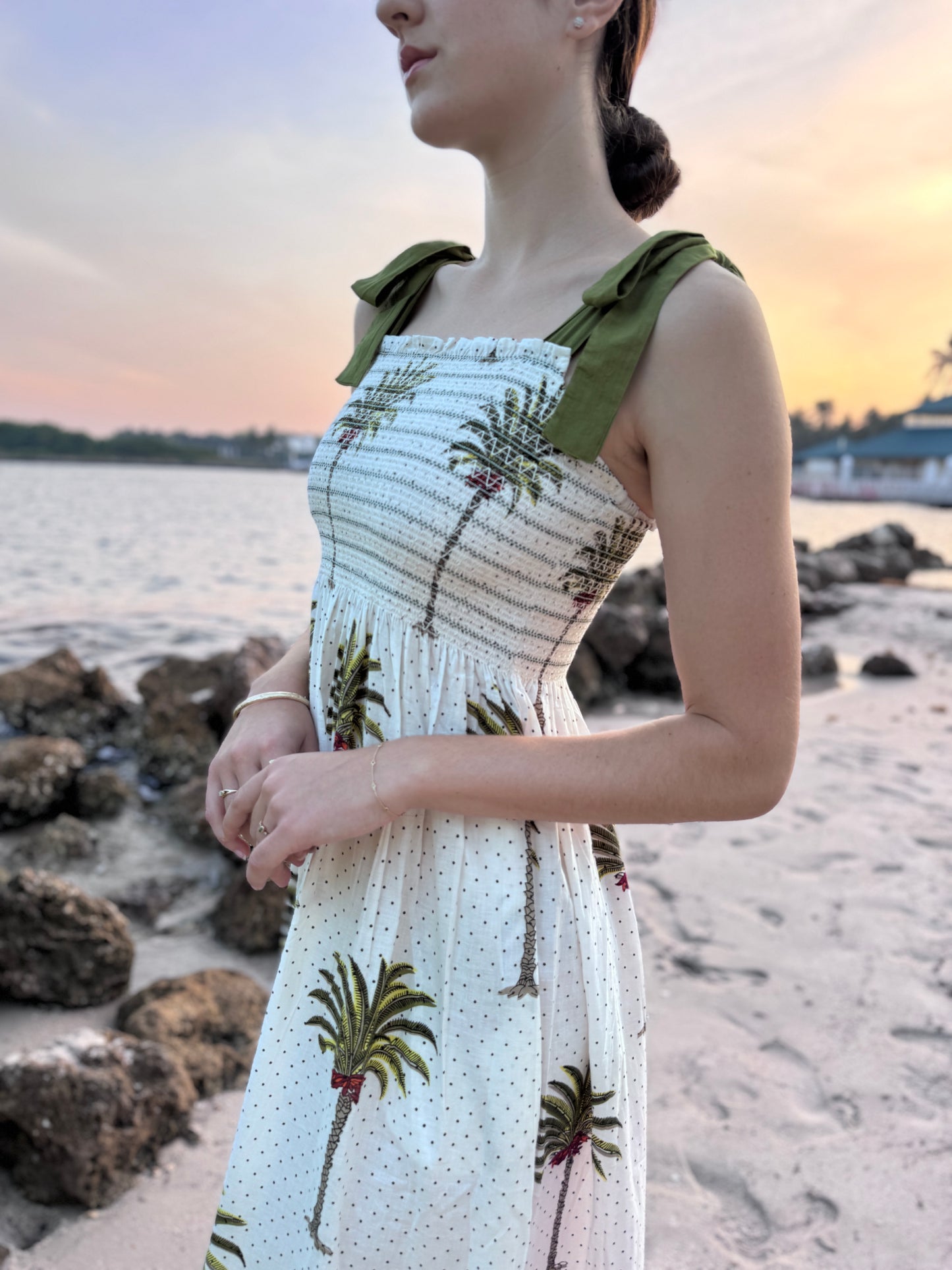 Smocked Sundress Green Palm Polka