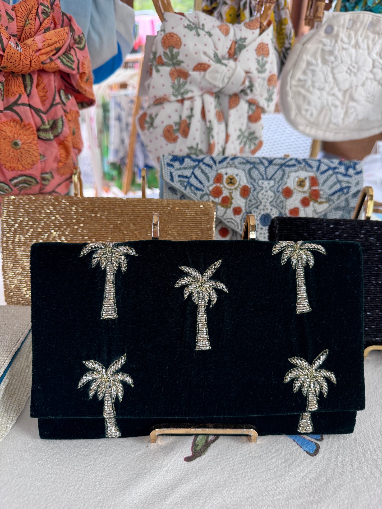 Velvet Mini Clutch Bag With Beaded Palm Trees Deep Forest