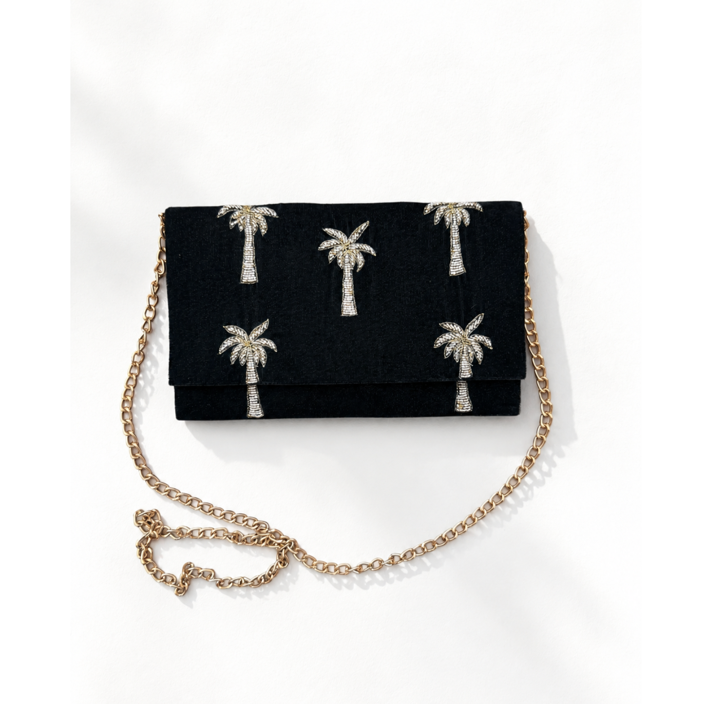 Velvet Mini Clutch Bag With Beaded Palm Trees Deep Forest