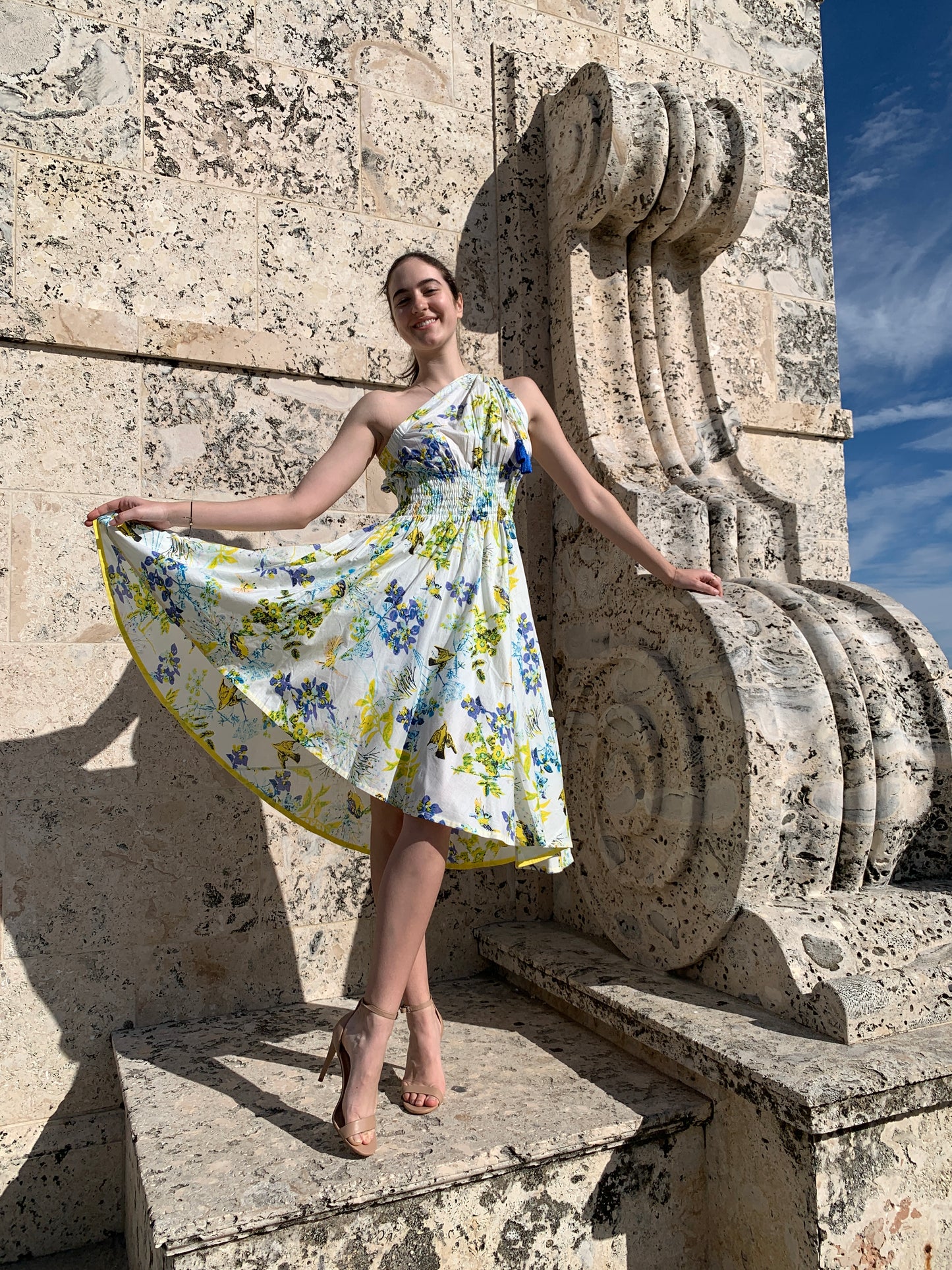 One Shoulder Greek Circle Dress | Bird Garden Yellow Blue | Cotton Beach Dress Online PICK HAPPY One Shoulder Greek Circle Dress | Bird Garden Yellow Blue | Cotton Beach Dress Online PICK HAPPY