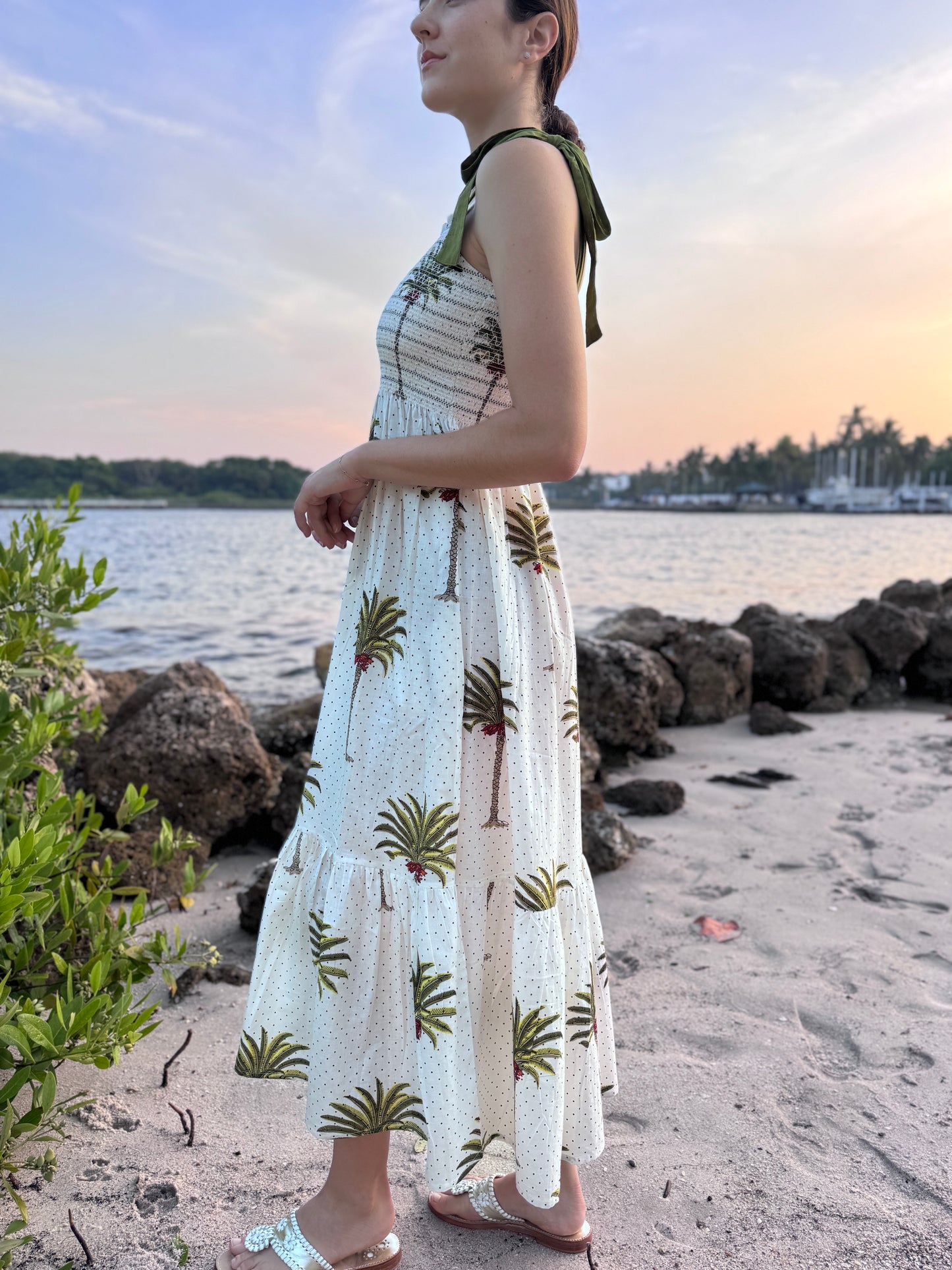 Smocked Sundress Green Palm Polka