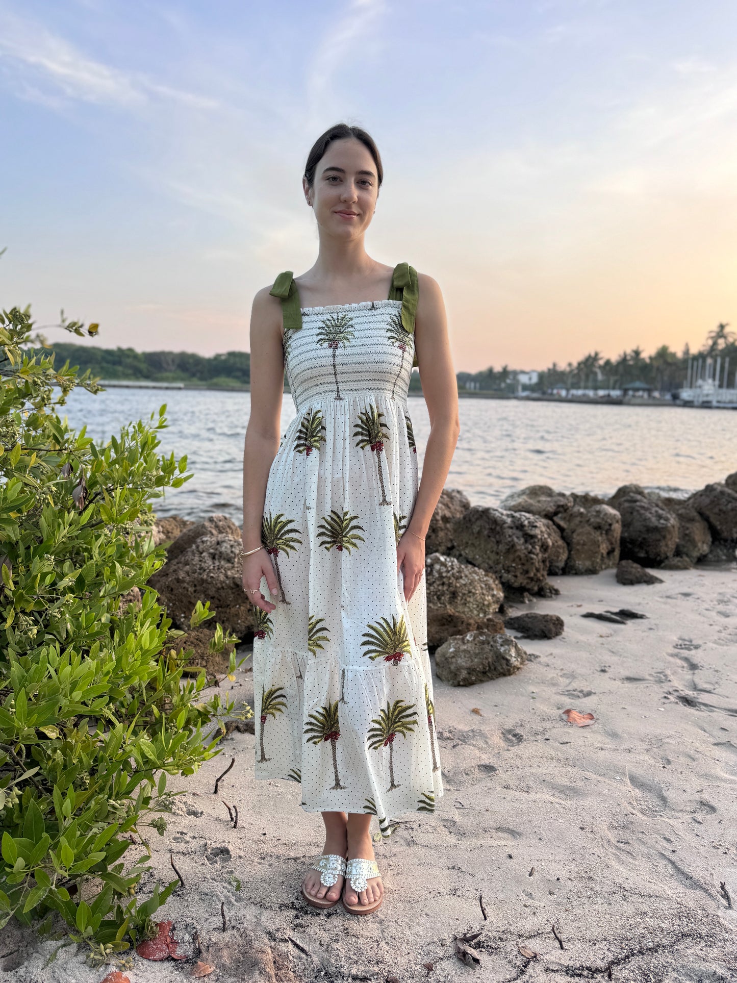 Smocked Sundress Green Palm Polka