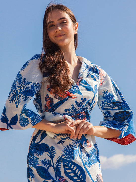 Kimono Cotton Dress Owl Blue Print PICK HAPPY Kimono Cotton Dress Owl Blue Print PICK HAPPY