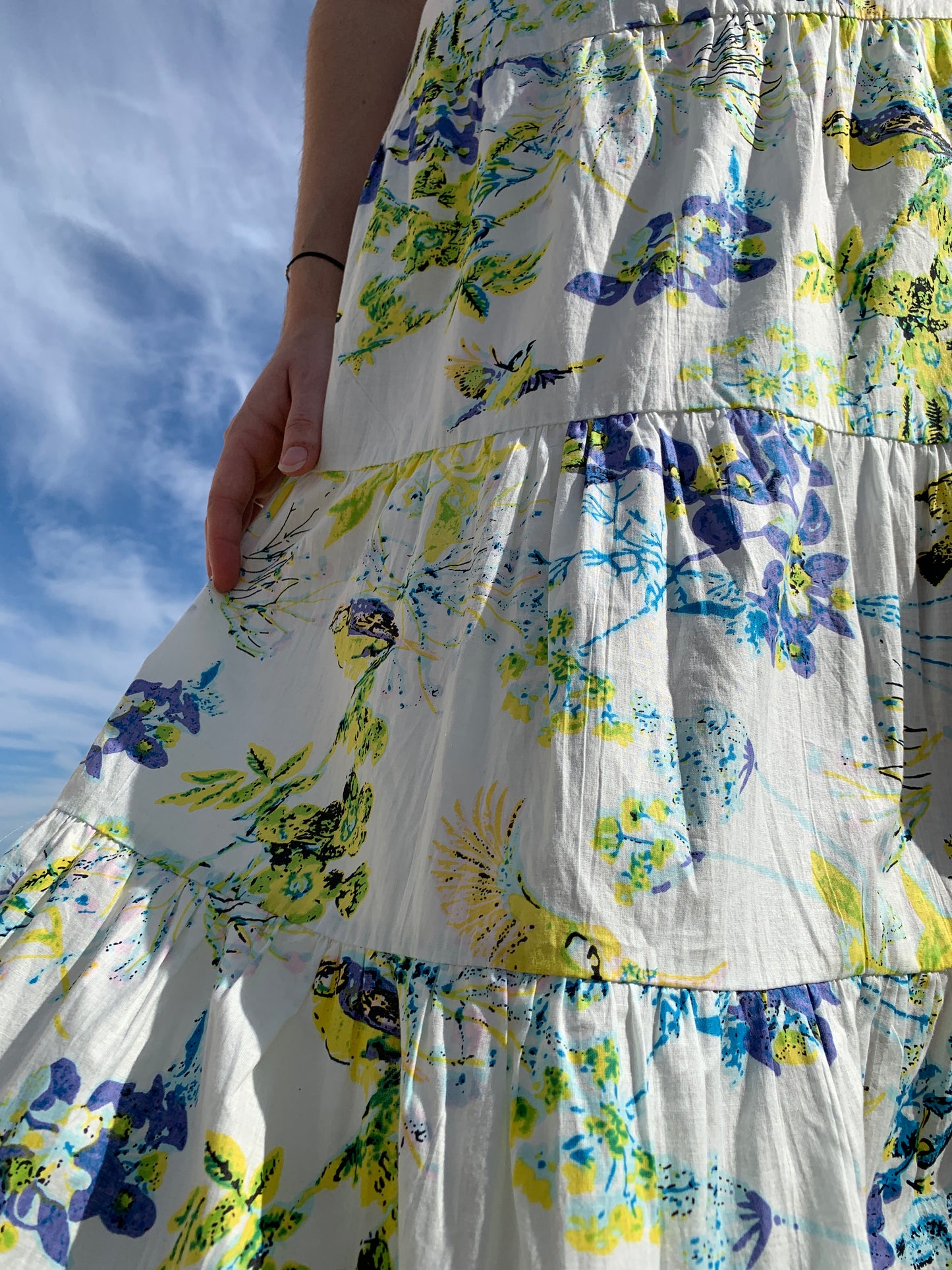 Cotton Tiered Long Skirt | Bird Garden Yellow Blue