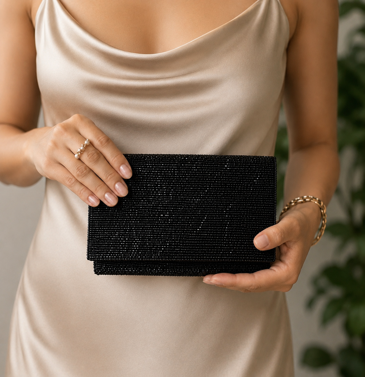 Steel Cut Beaded Petite Clutch Black