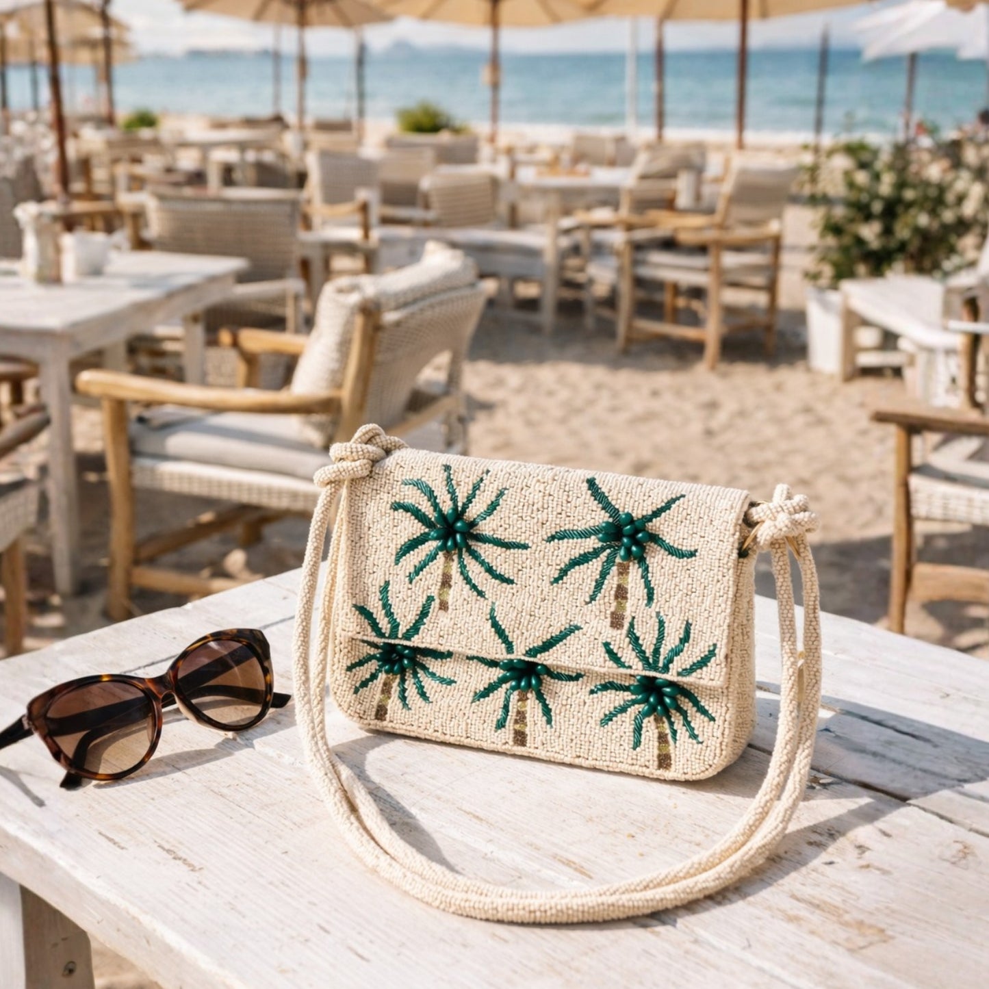 Hand-beaded Knot Handbag | Green Palm Tree