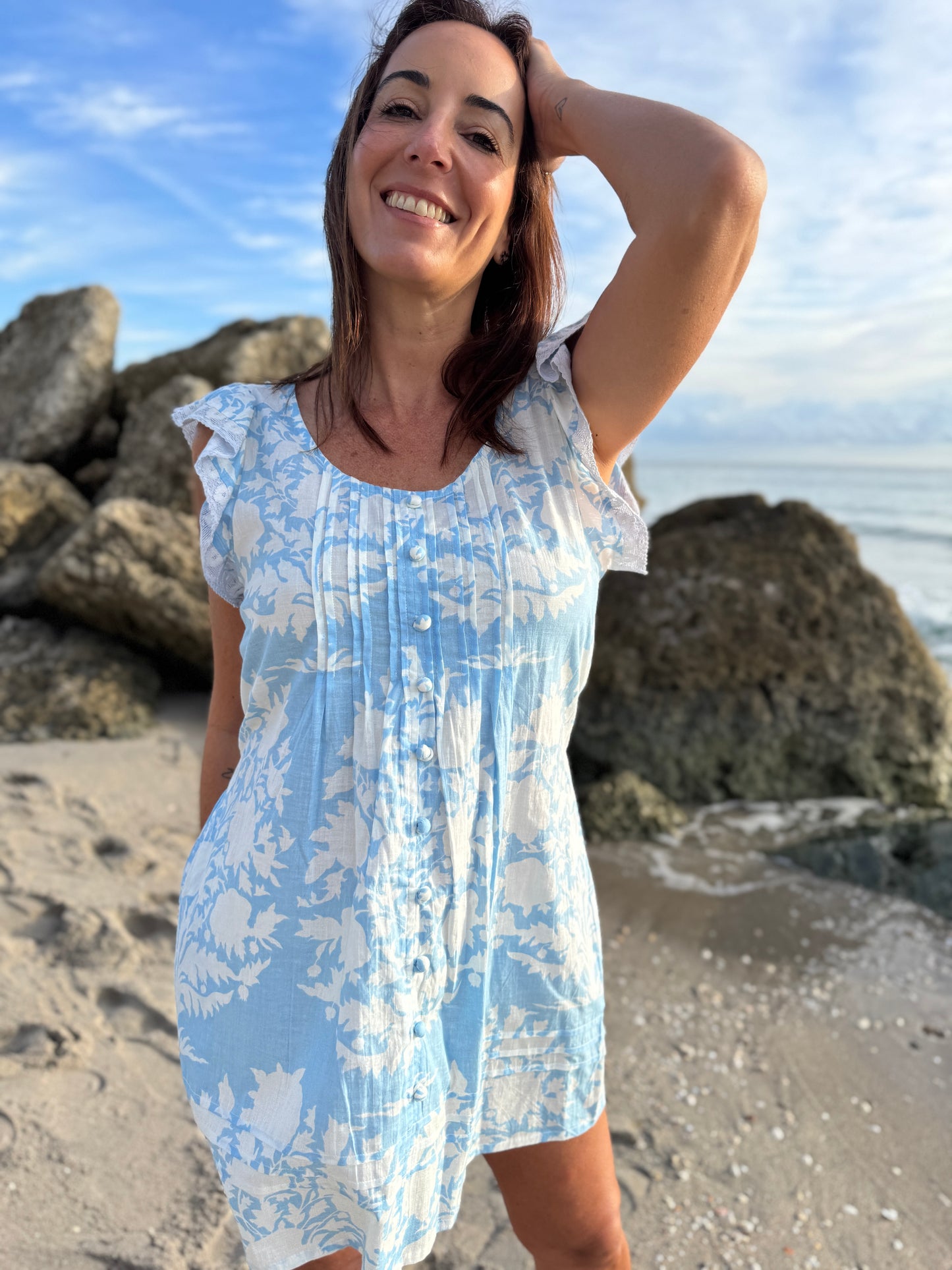 Ruffle Sleeve Pintuck Mini | Tree of Life Morning Mist
