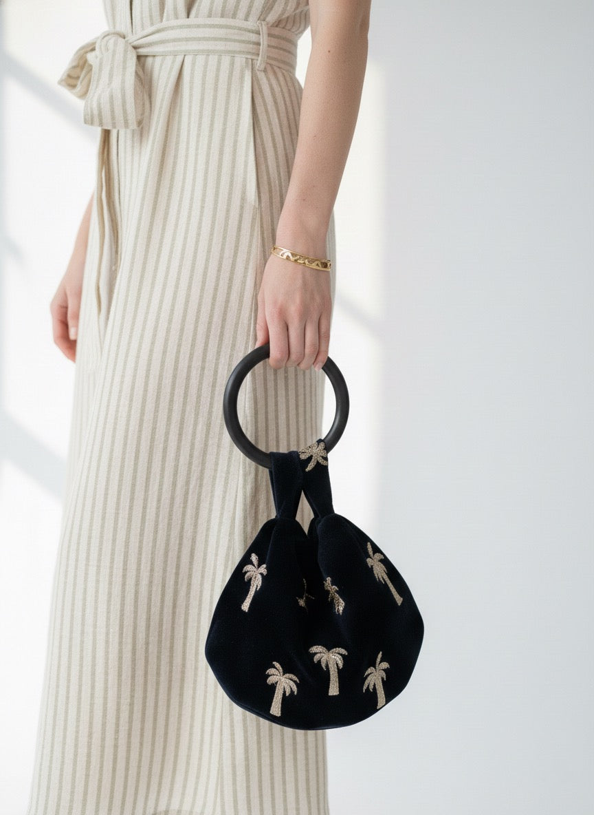Velvet Wrist Purse Navy Blue Gold Palm Tree