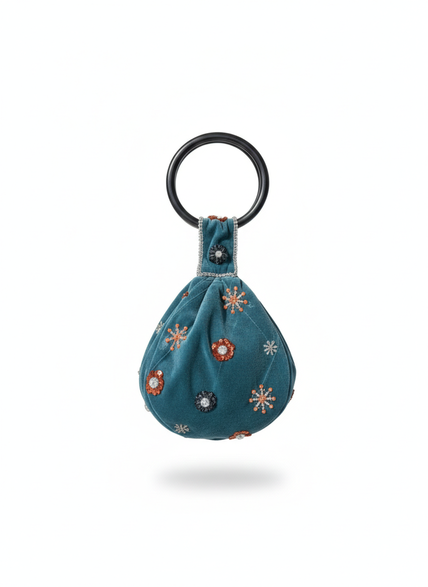 Velvet Wrist Purse Teal Beaded Flowers