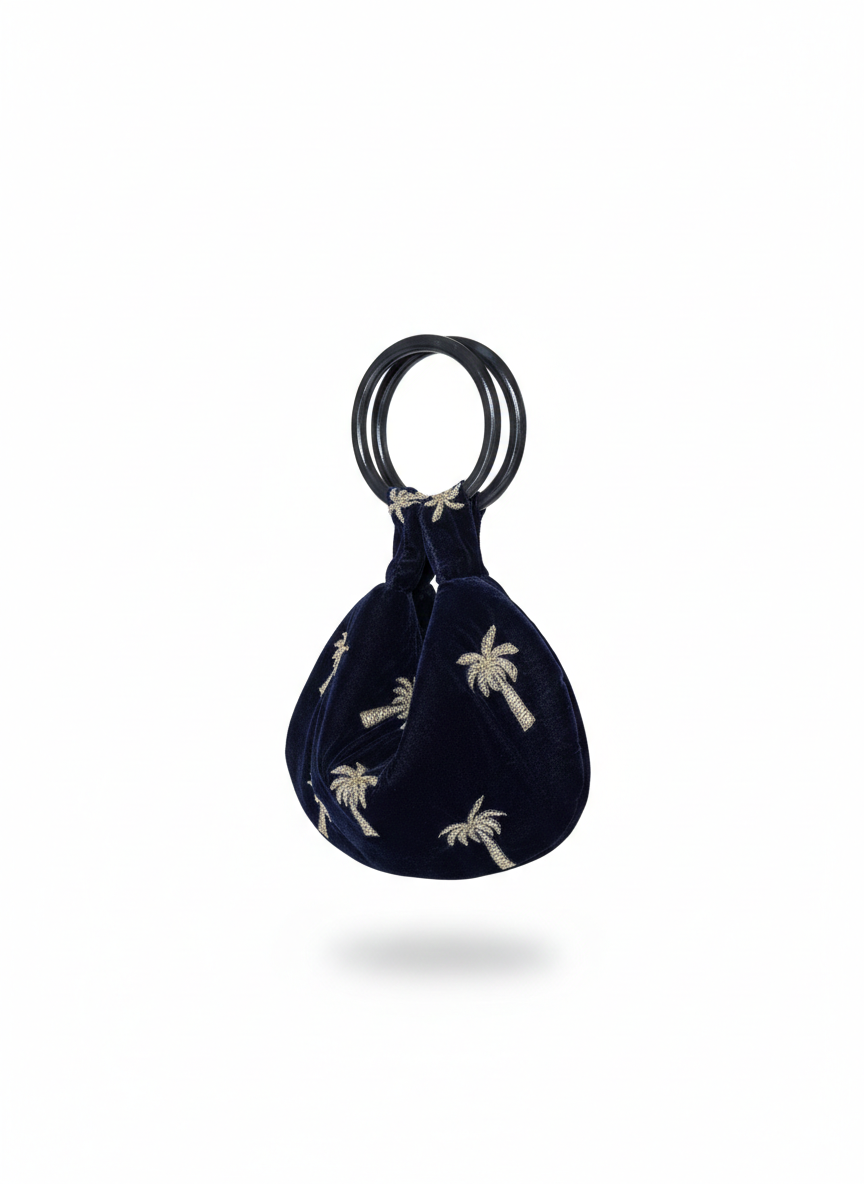 Velvet Wrist Purse Navy Blue Gold Palm Tree