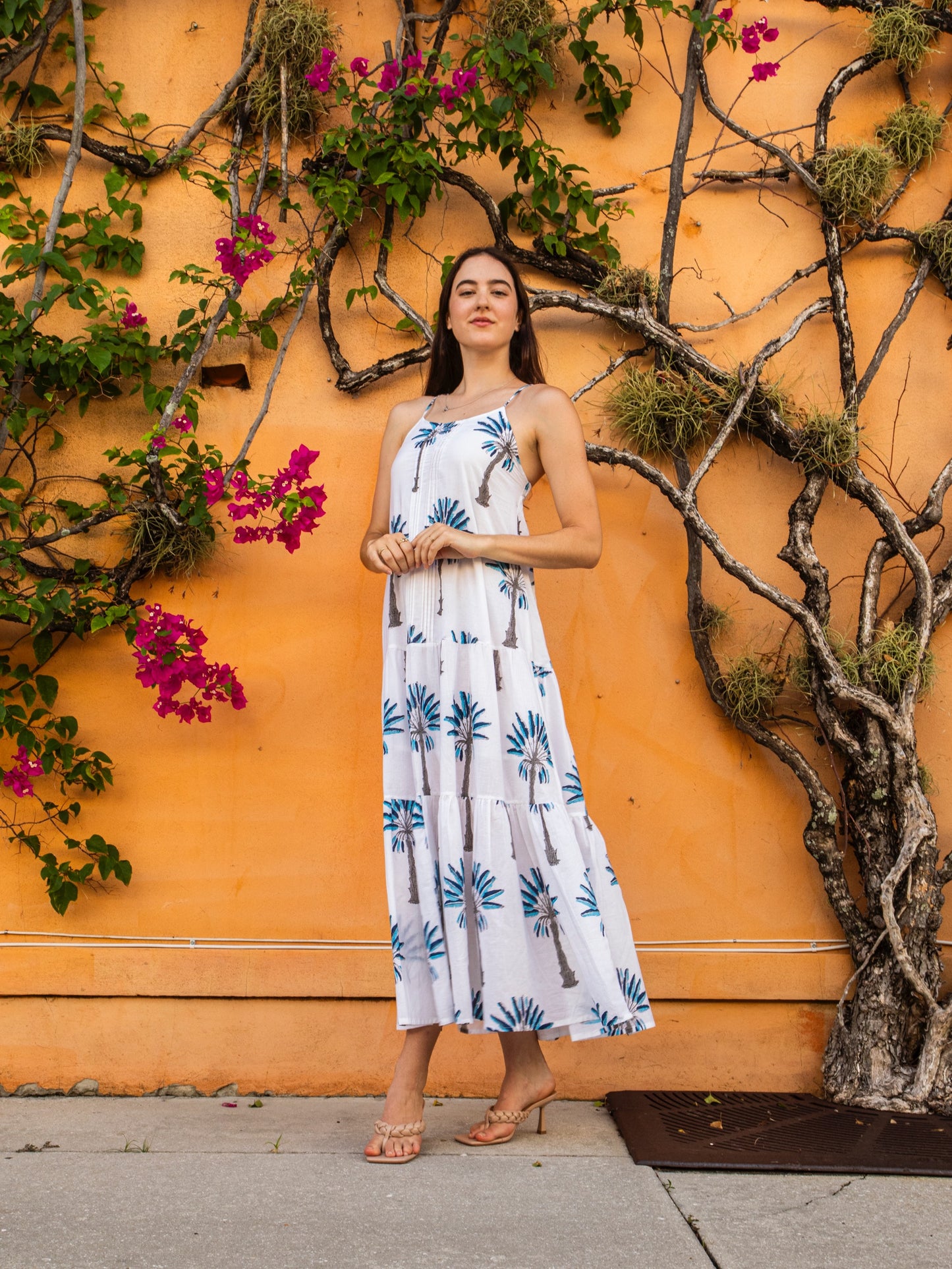 blue palm tree dress Blue Palm Tree Cotton Maxi Dress: Handmade Indian Block Print Summer Dress