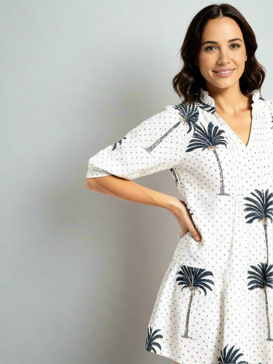 Puff Sleeve Chloe Mini | Indigo Palm Polka