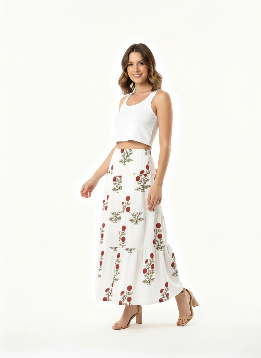 Cotton Tiered Long Skirt | Rouge
