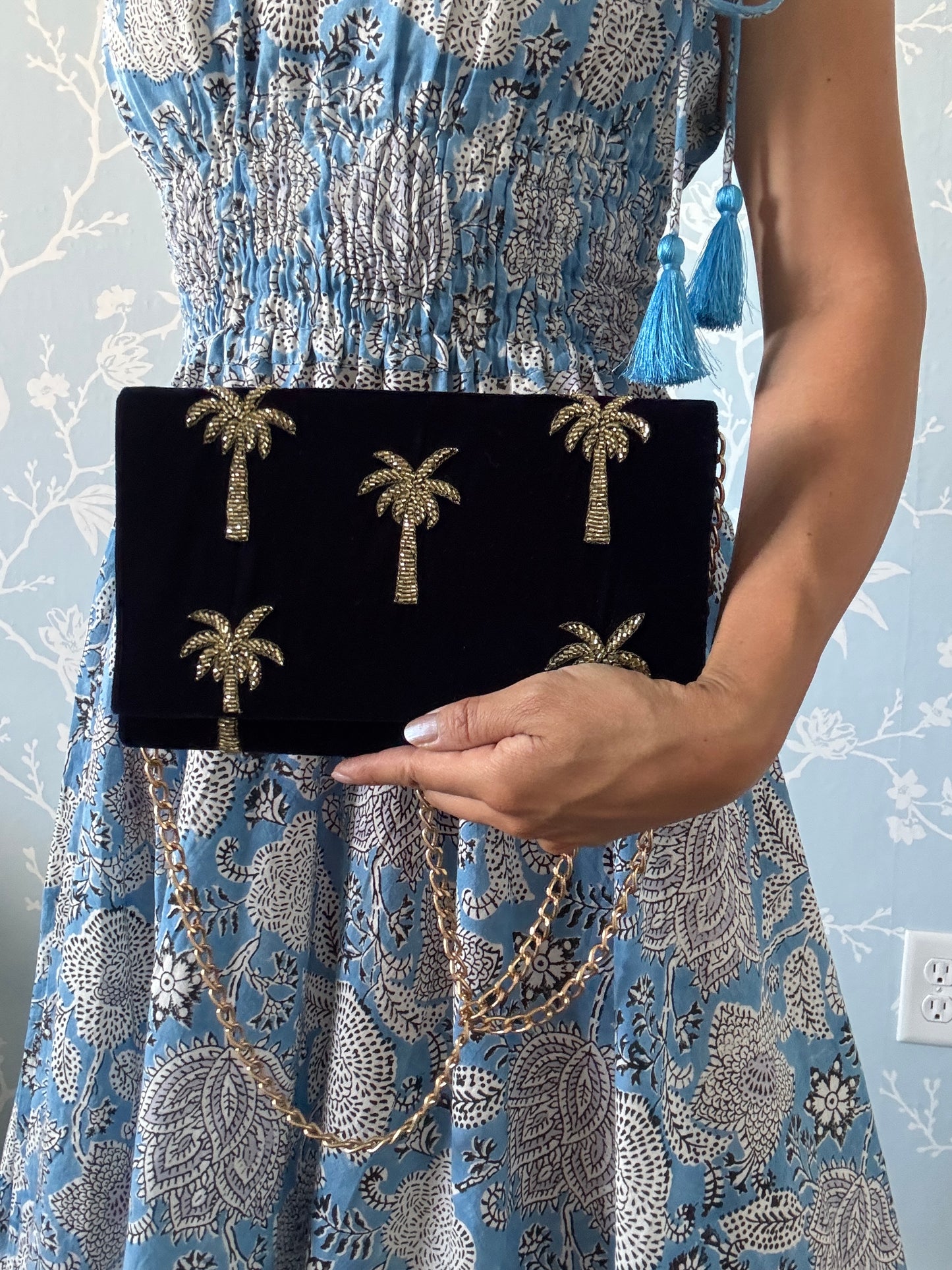 Velvet Mini Clutch Bag With Beaded Palm Trees