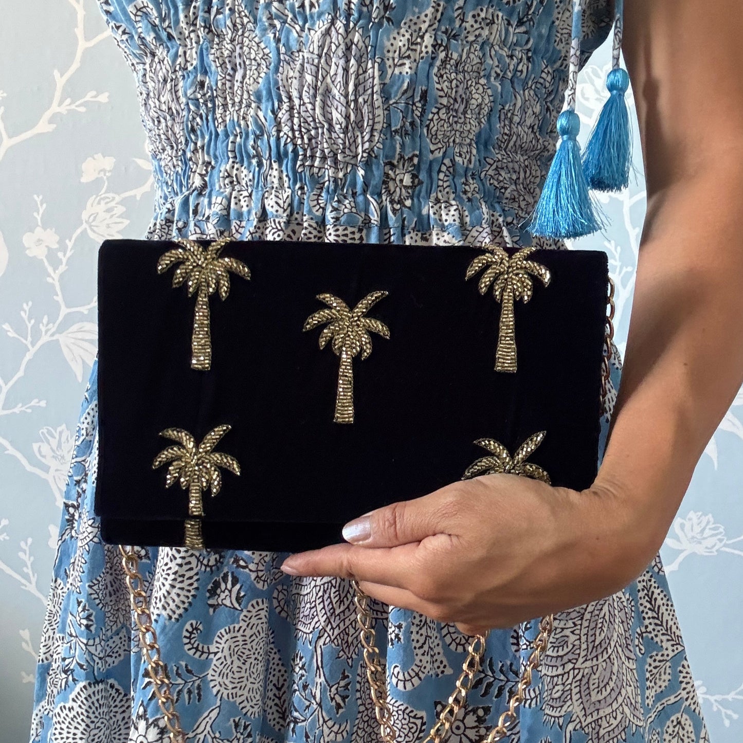 Velvet Mini Clutch Bag With Beaded Palm Trees
