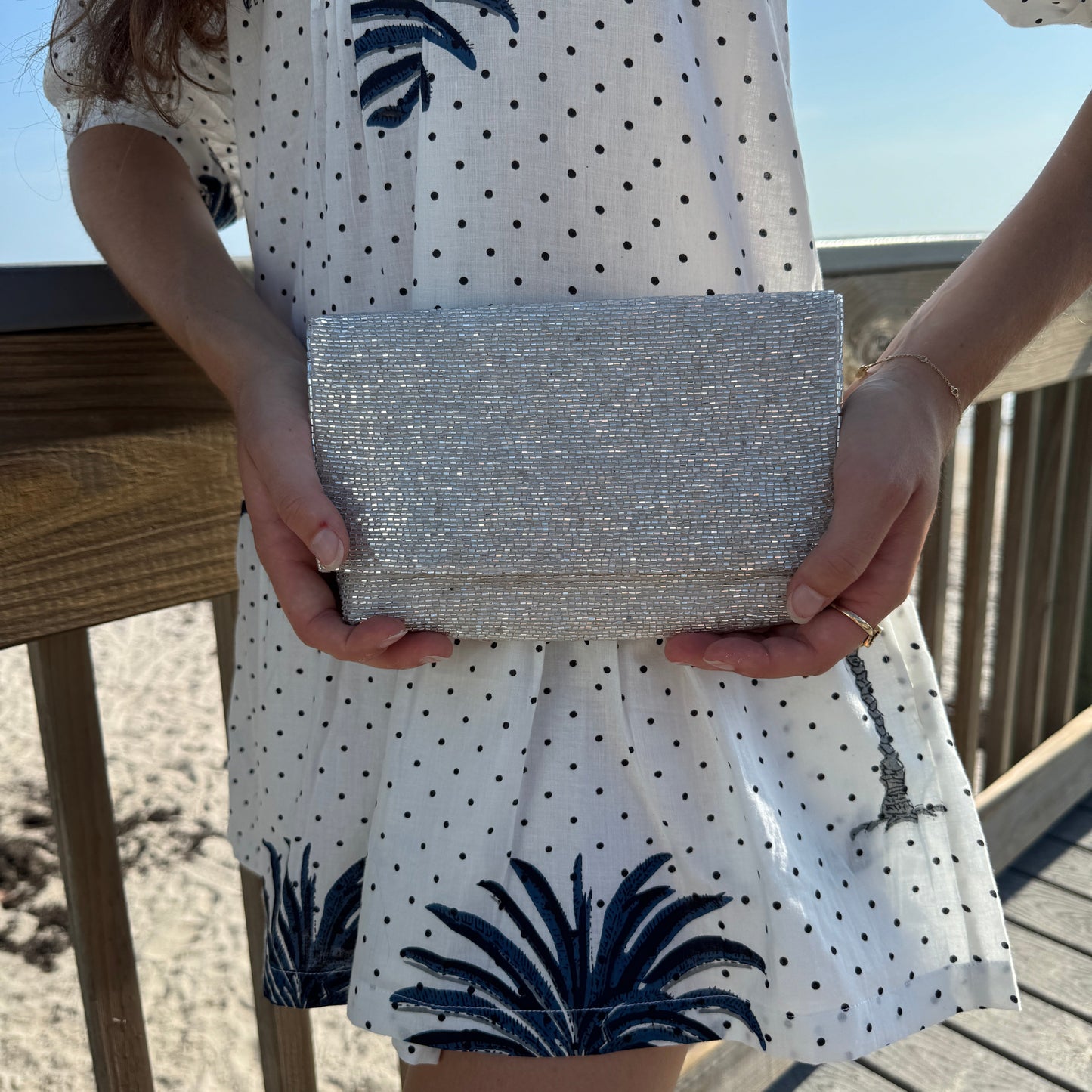Steel Cut Beaded Petite Clutch Platinum