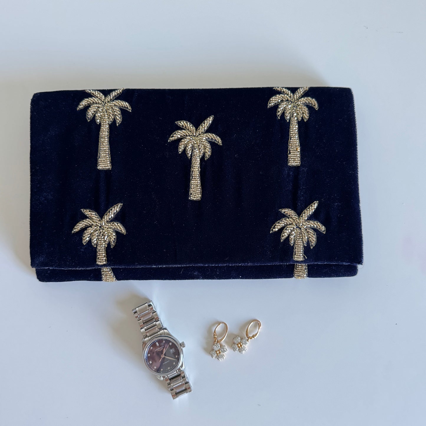 Velvet Mini Clutch Bag With Beaded Palm Trees