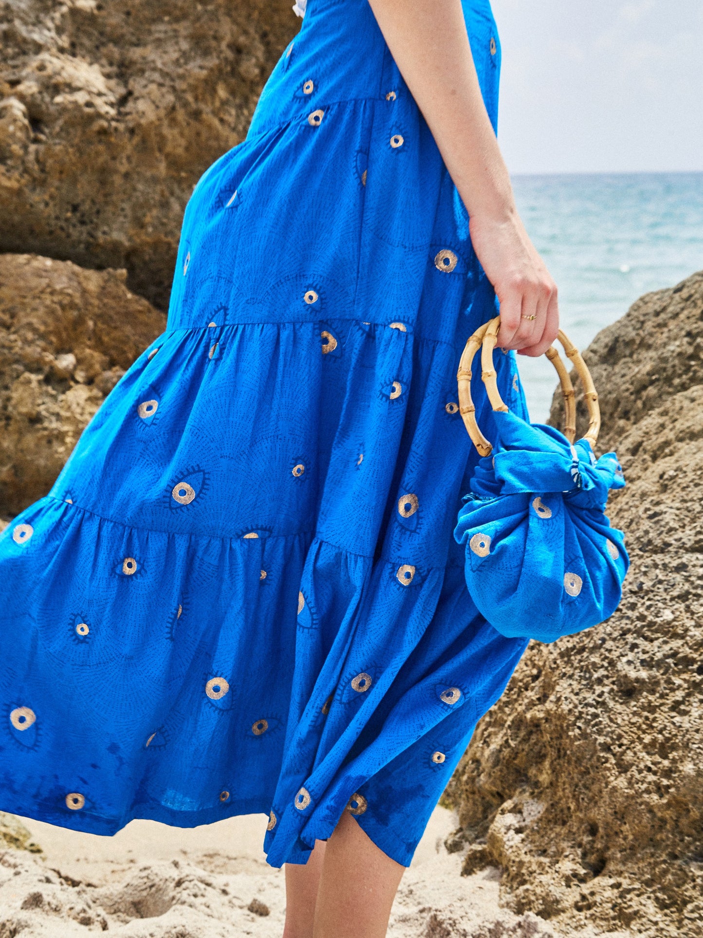 Cotton Tiered Long Skirt | Evil Eye Moroccan Blue